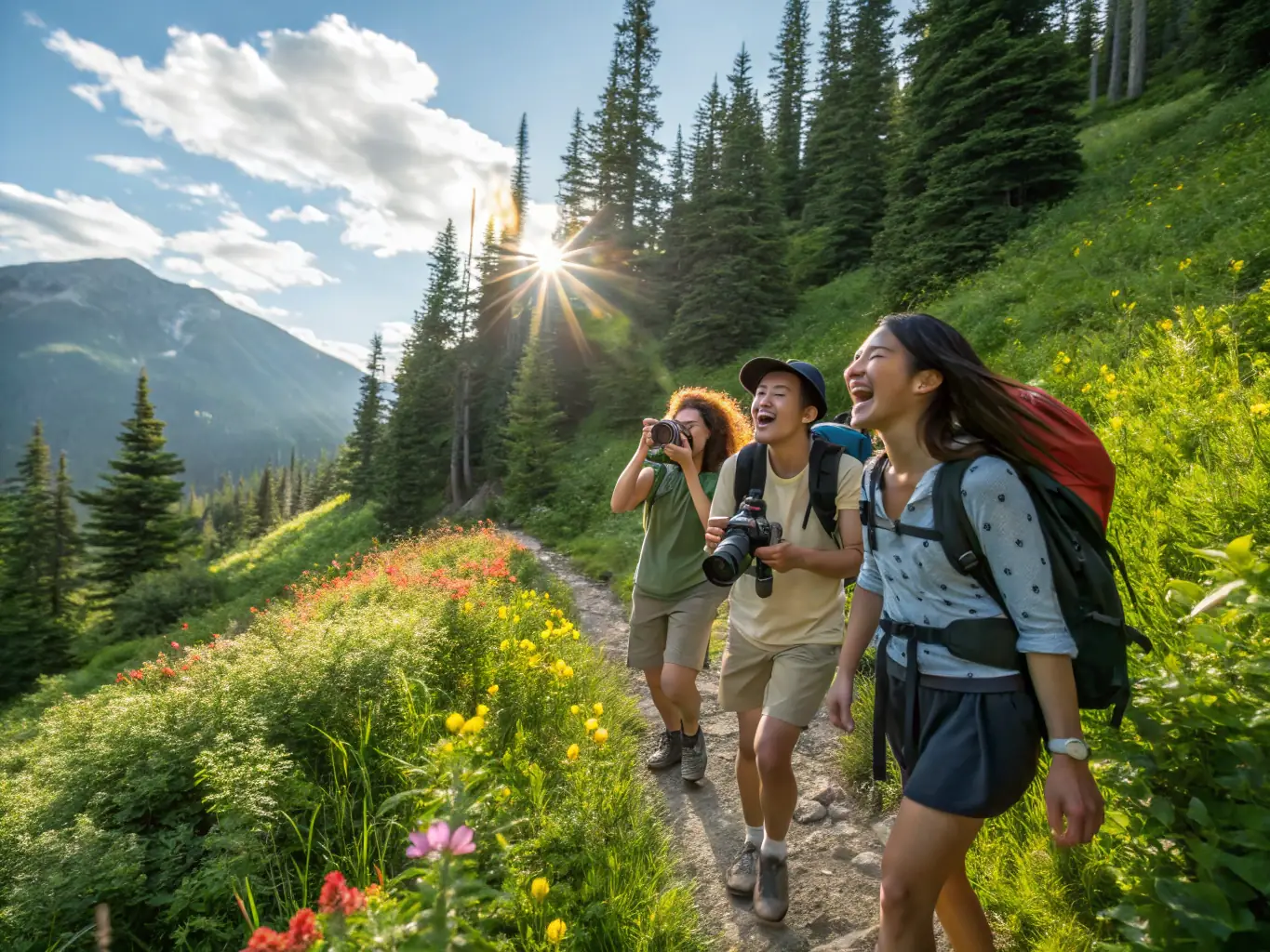 A group of people of various ages are joyfully walking along a forest trail during a LES AMIS DE JJ nature walk, surrounded by lush greenery and dappled sunlight.