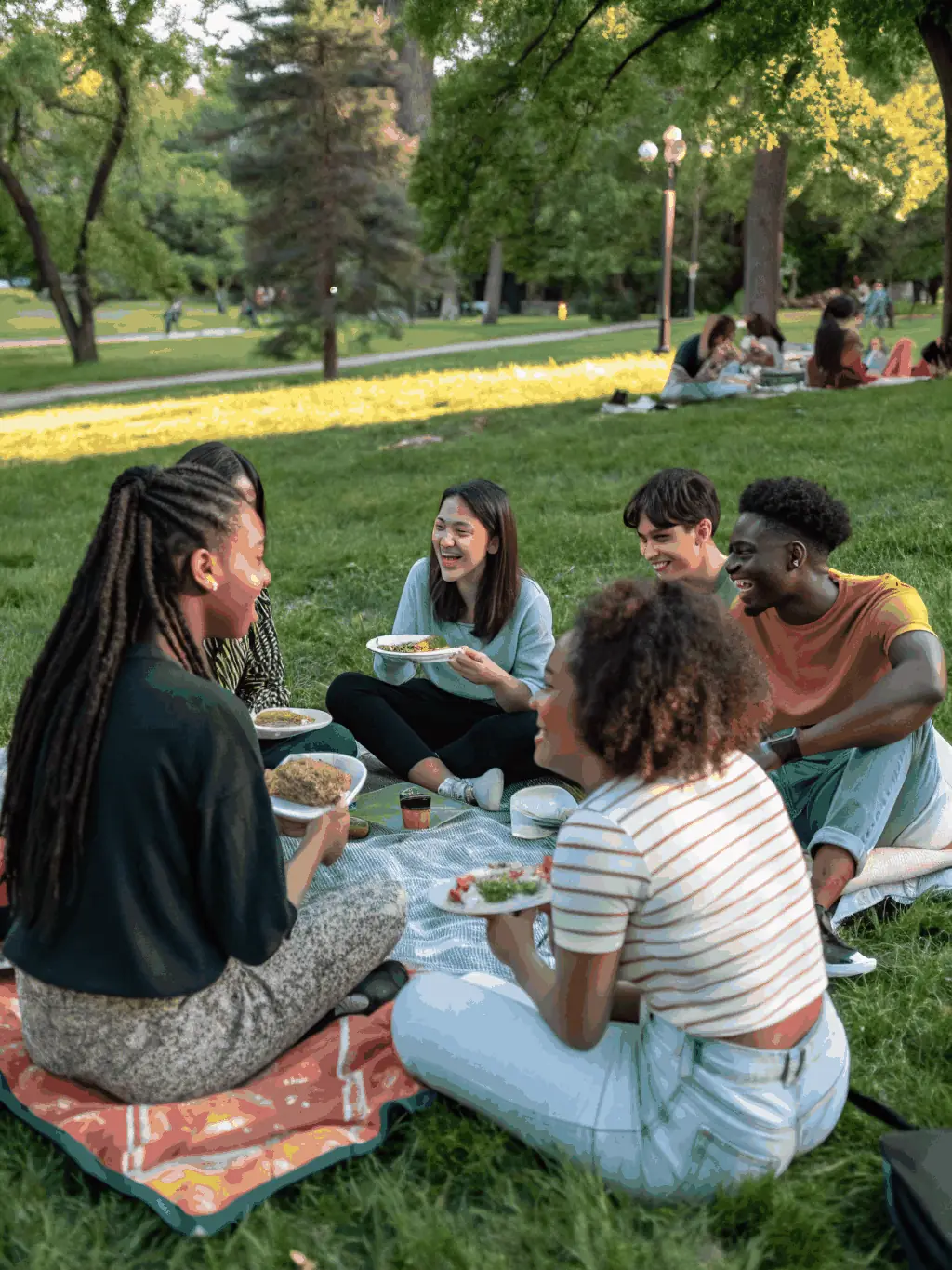A vibrant photo of LES AMIS DE JJ members enjoying a picnic in a beautiful garden, with healthy food and cheerful smiles.