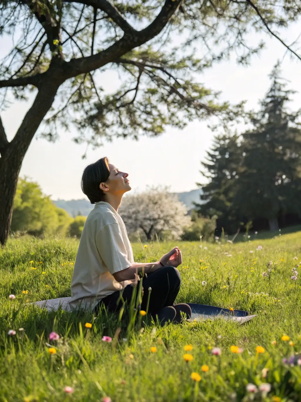 A serene image of participants practicing mindful breathing exercises during a LES AMIS DE JJ retreat in a peaceful natural setting.