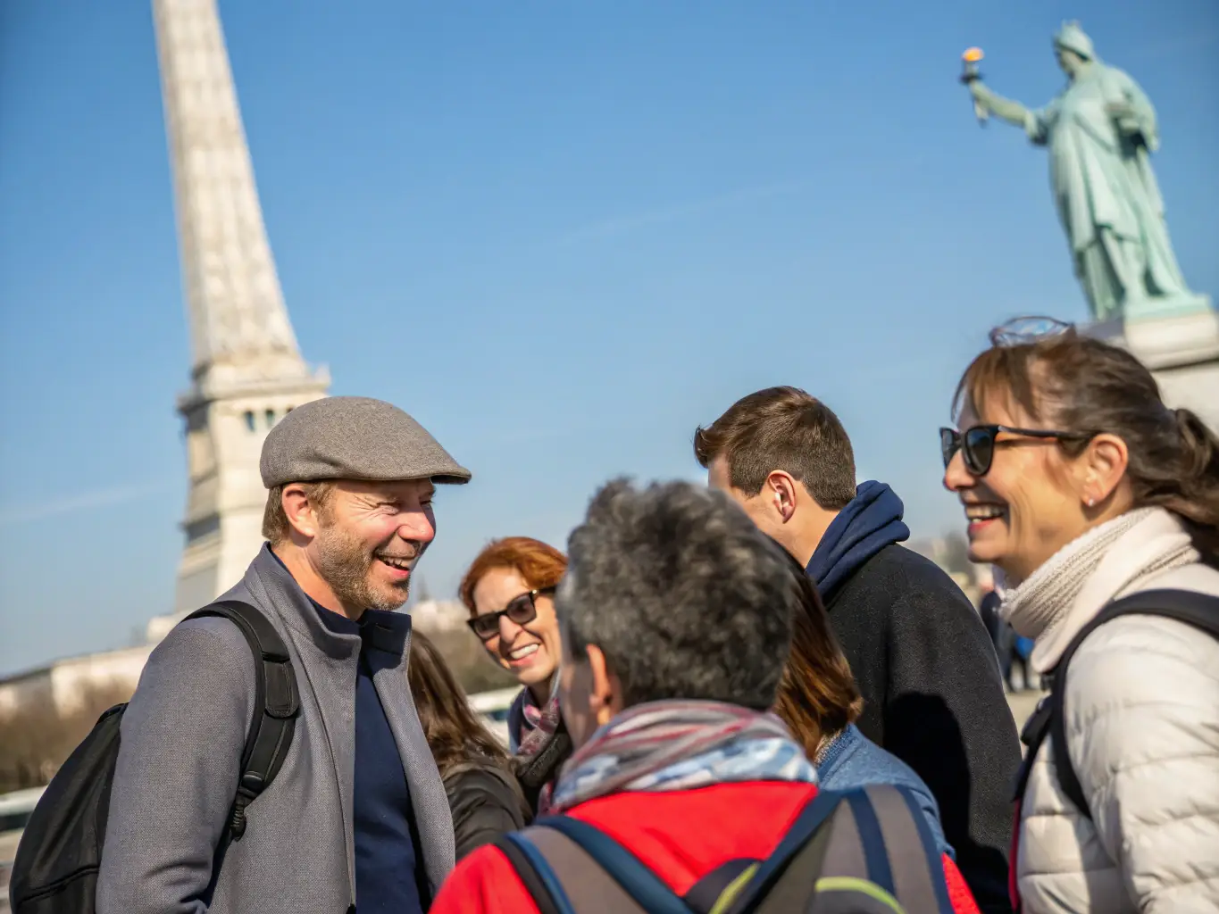 A group of smiling participants are gathered in front of a historical landmark during a LES AMIS DE JJ tourist site visit, capturing the essence of cultural exploration and community engagement.
