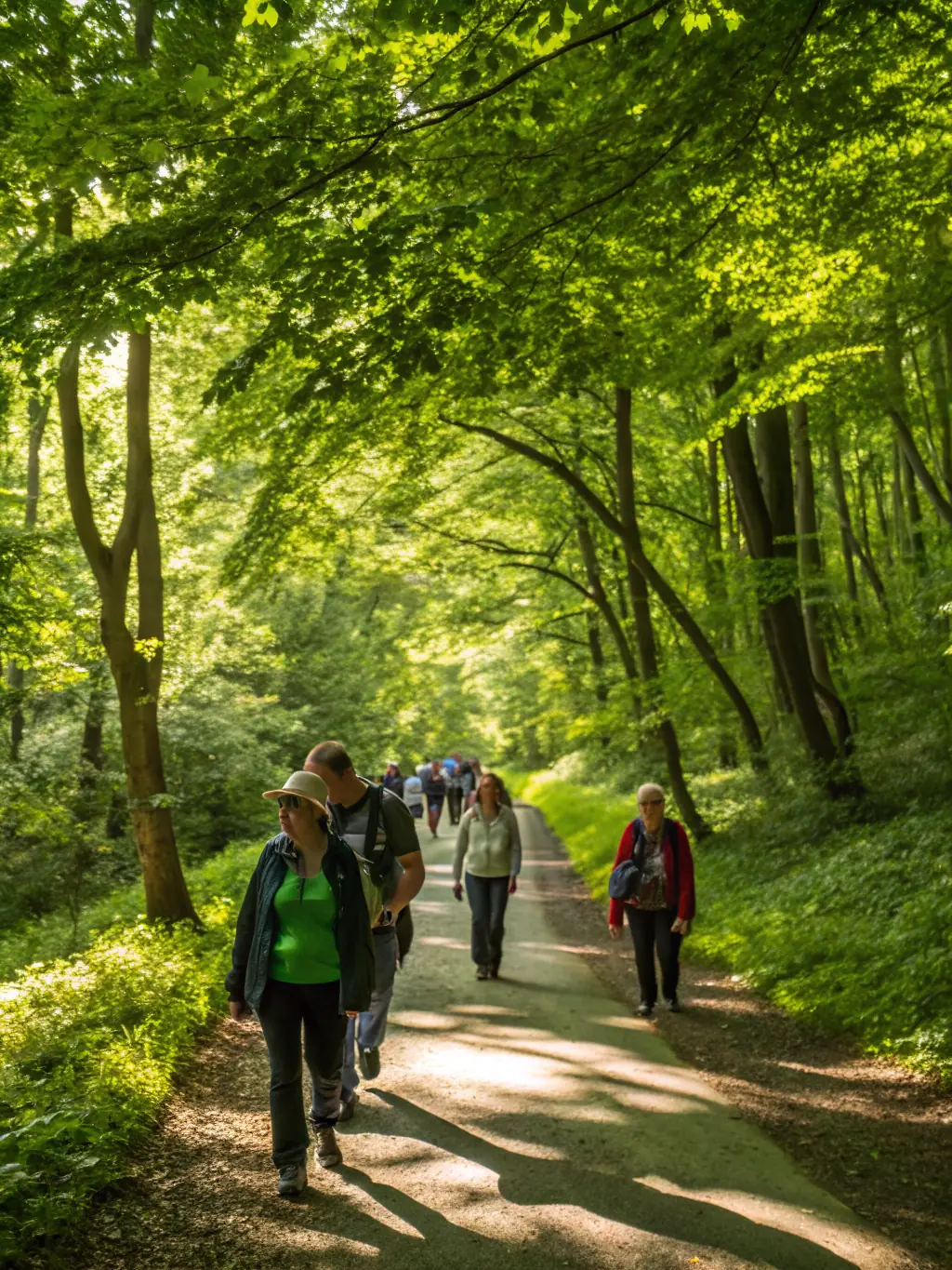 A group of diverse individuals laughing and chatting while walking along a scenic nature trail during a LES AMIS DE JJ nature walk.