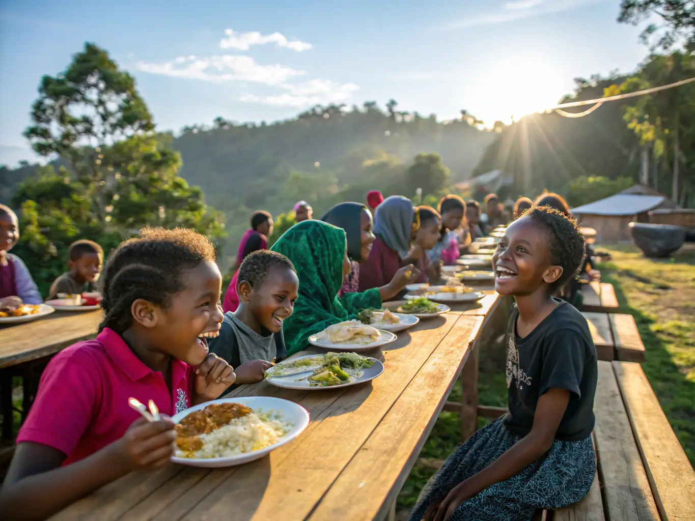A vibrant photo capturing a group of people laughing and sharing food at a long table outdoors, symbolizing a LES AMIS DE JJ communal meal.