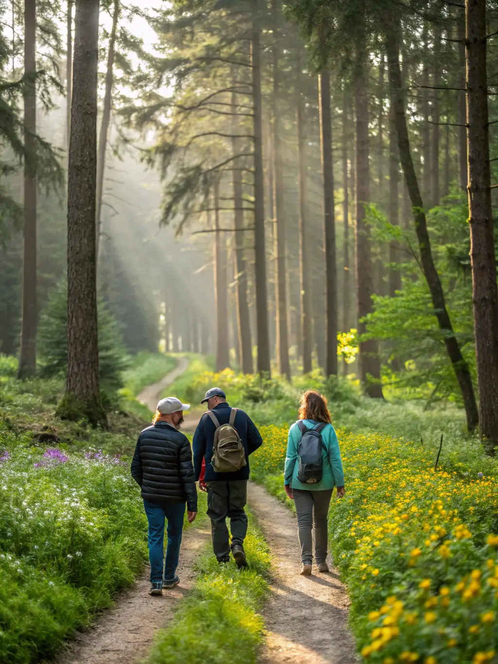 A group of people hiking through a lush forest, sunlight filtering through the trees, showcasing a LES AMIS DE JJ nature walk.