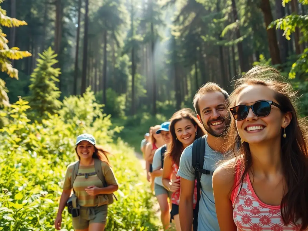 A group of diverse individuals joyfully hiking through a lush forest trail, sunlight filtering through the trees, representing a LES AMIS DE JJ nature walk.