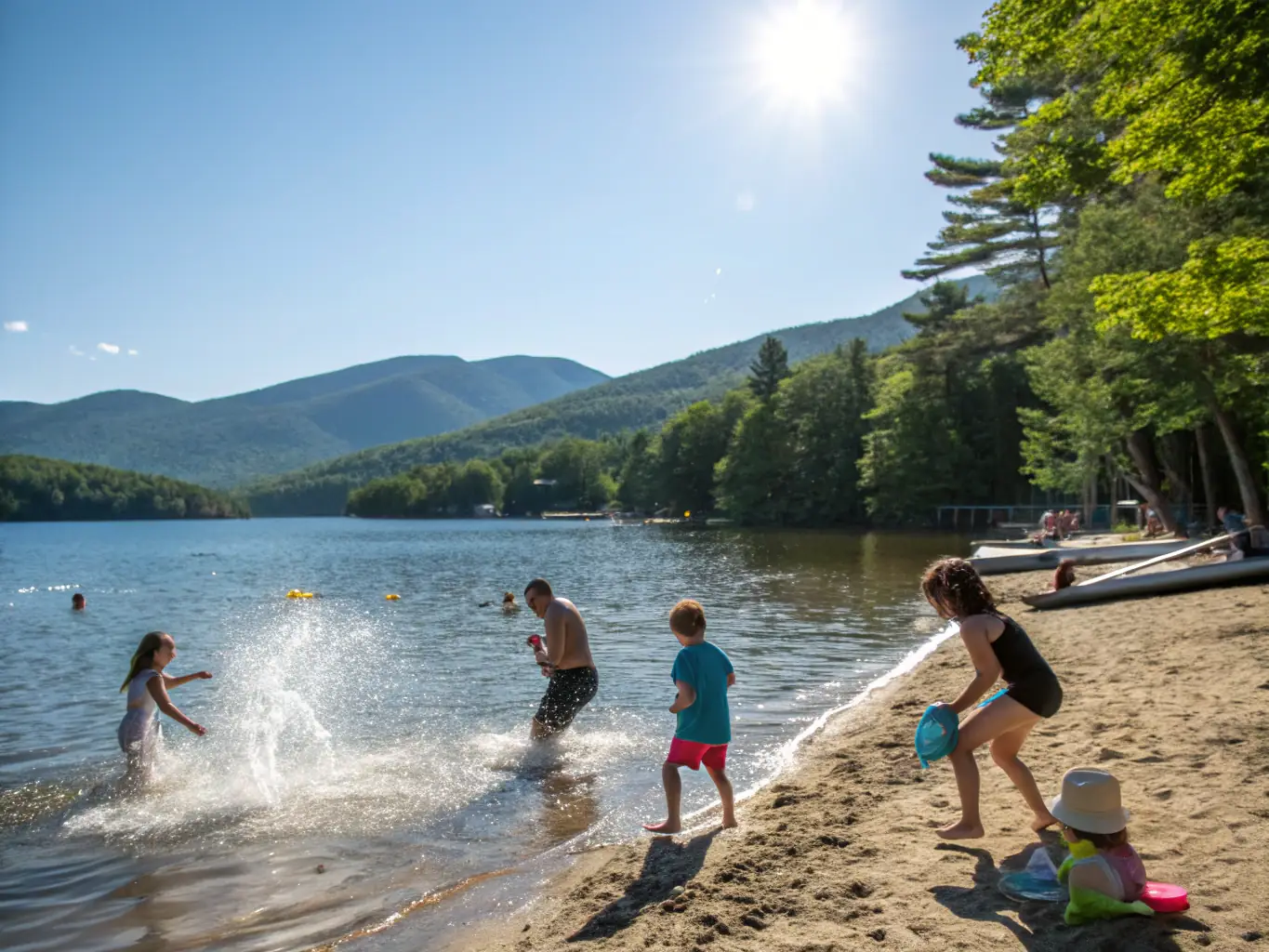 An image of people swimming and playing in a clear blue lake on a sunny day, showcasing the fun and refreshing experience of swimming activities.