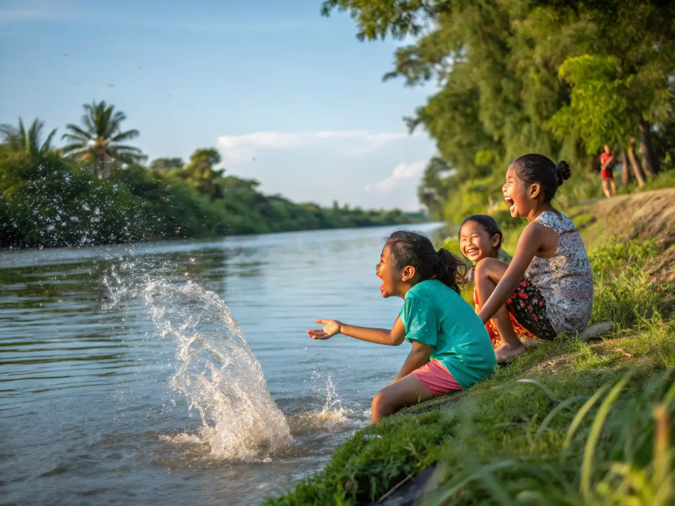 A photograph of people of different ages swimming in a lake, representing the inclusive and physically beneficial activities offered by LES AMIS DE JJ.