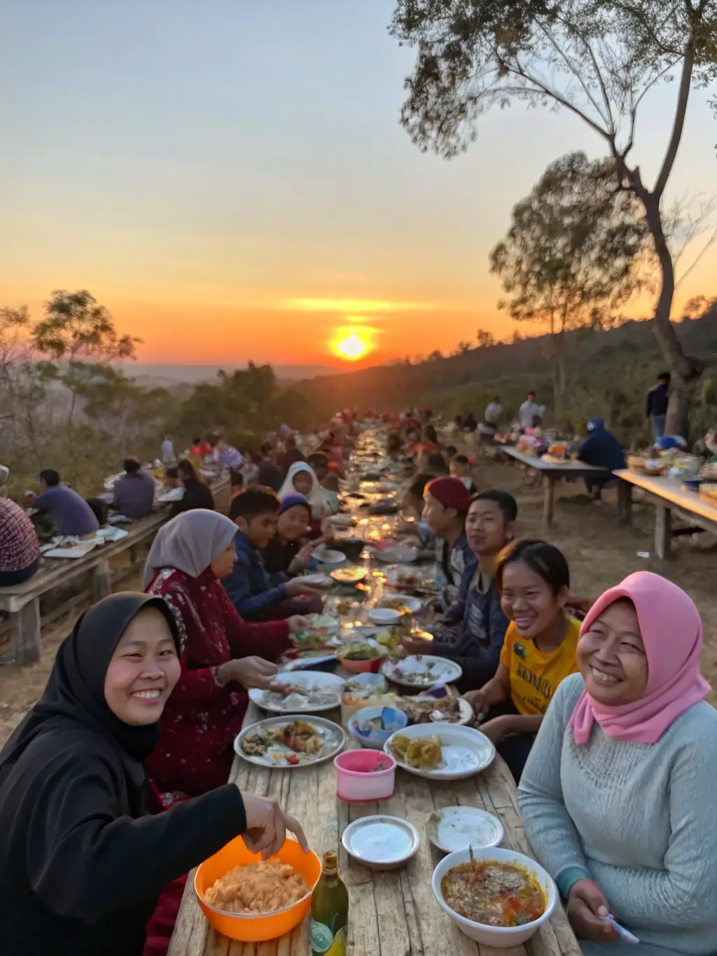 A long table set outdoors with people sharing a meal, laughing and talking, illustrating a LES AMIS DE JJ communal meal.