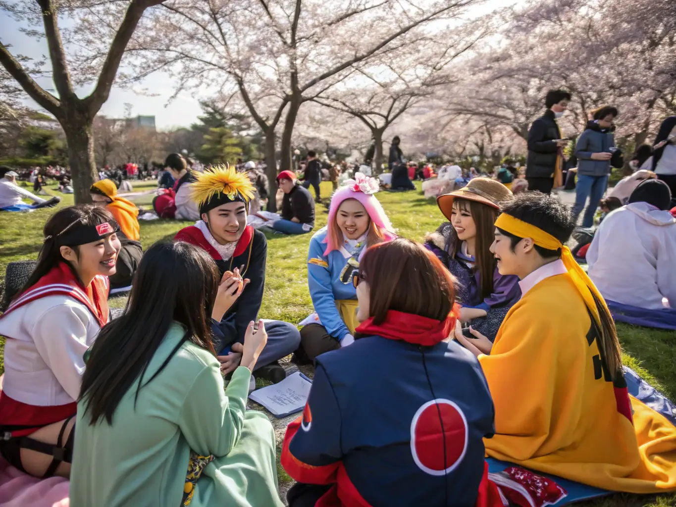 A vibrant image showing a diverse group of community members enjoying a nature walk in a lush green park, smiling and engaging with each other.