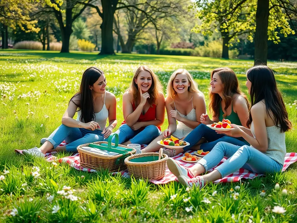 A group of diverse individuals laughing and sharing a meal together at a picnic in a sunny park, representing the social connections fostered by LES AMIS DE JJ.