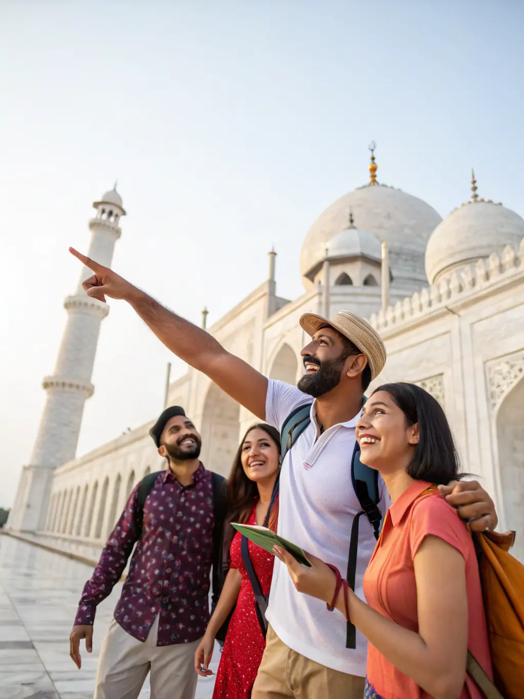 A photograph of a group of people standing in front of a historical landmark, smiling and taking pictures, representing a LES AMIS DE JJ tourist site visit.