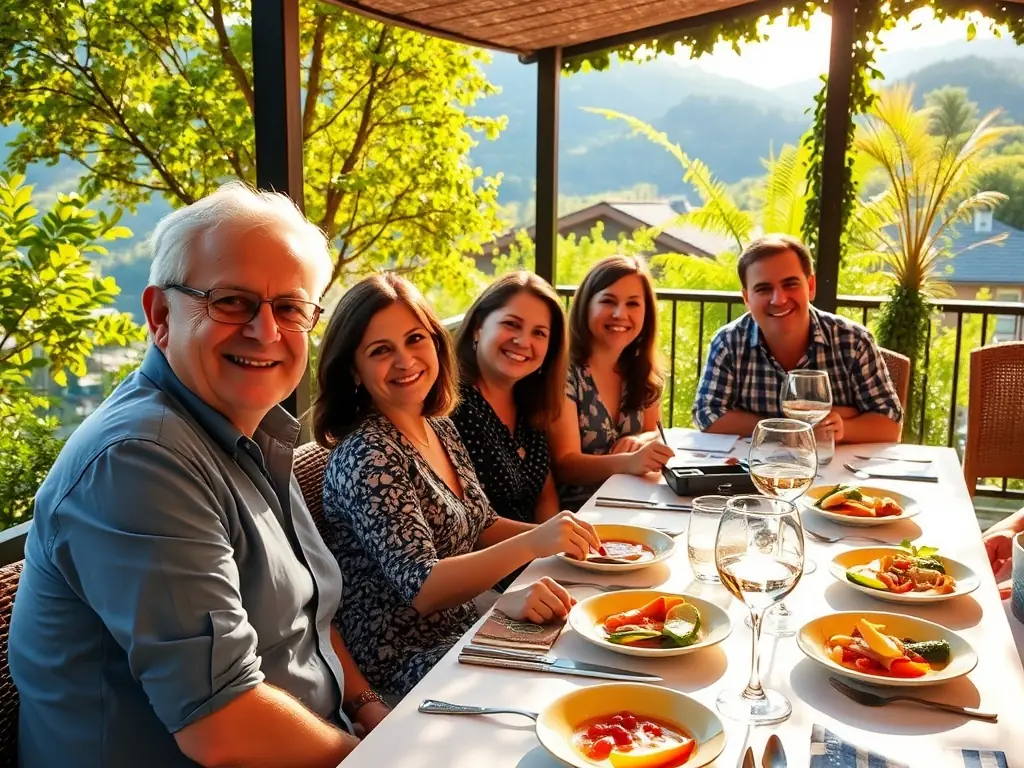A group of people are sharing a meal together at a long table outdoors during a LES AMIS DE JJ communal meal, showcasing the warmth and camaraderie of community dining.