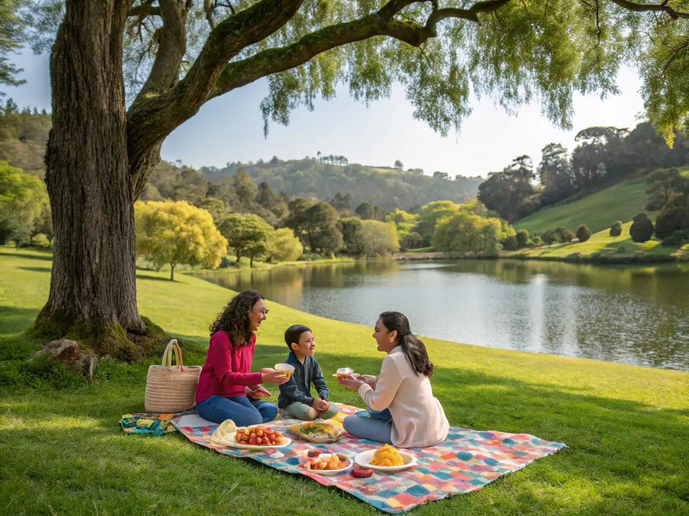 A picturesque scene of a group of people enjoying a picnic by a serene lake, representing a LES AMIS DE JJ picnic event.