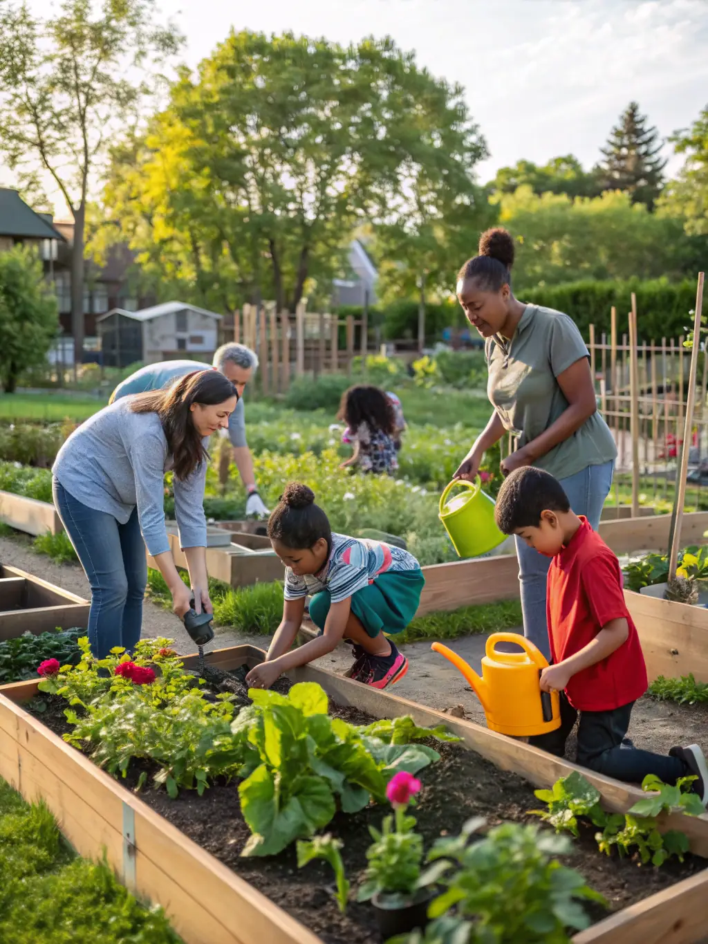 A group of LES AMIS DE JJ members volunteering at a local community garden, planting flowers and vegetables together.